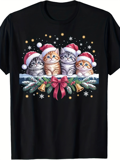 Men's Graphic T-Shirt Christmas Snow Decorations With Festive Red Bows And Four Cats