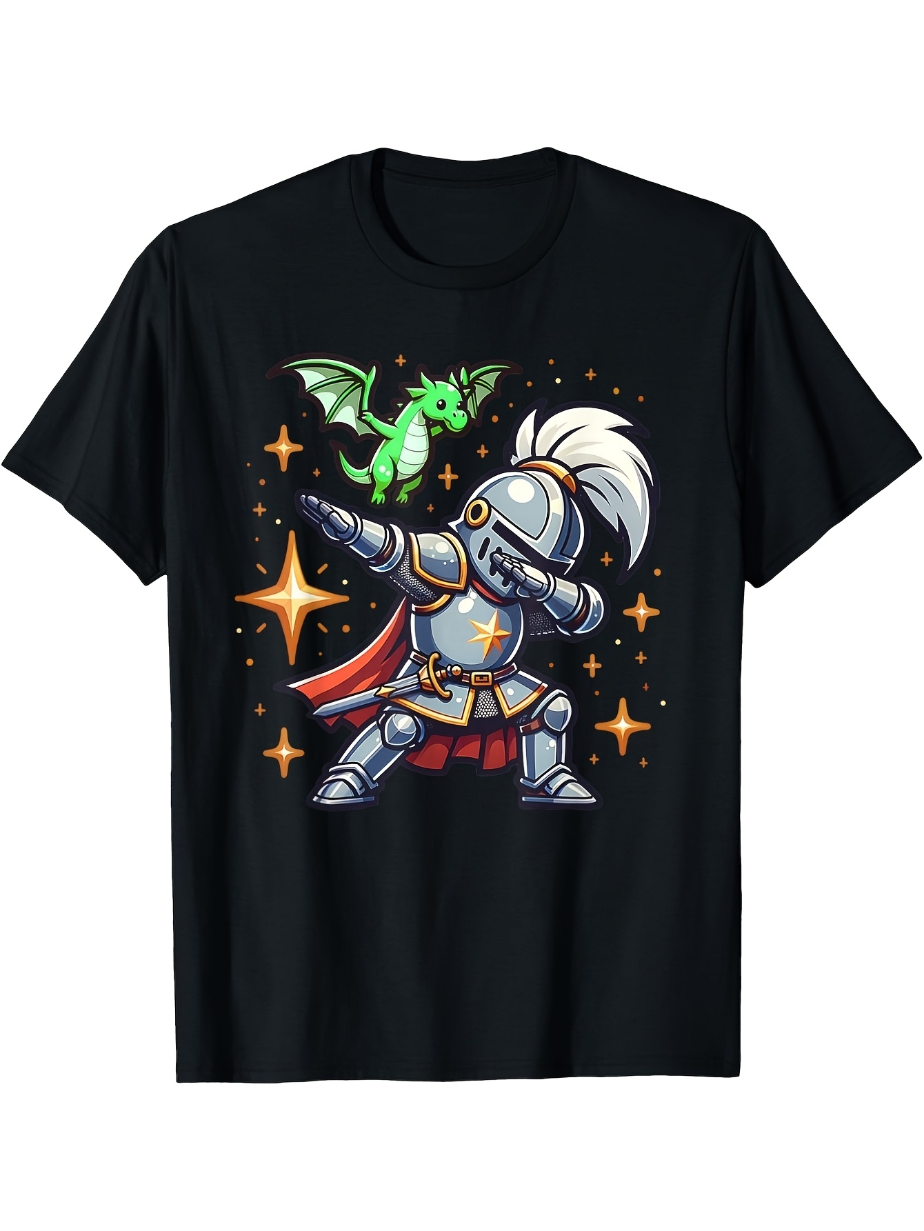 Men's Graphic T-Shirt Shining Stars With Green Baby Dragon And Playful Cartoon Knight