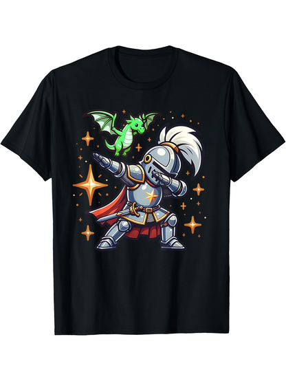 Men's Graphic T-Shirt Shining Stars With Green Baby Dragon And Playful Cartoon Knight