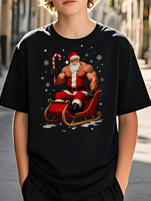 Men's Graphic T-Shirt Muscular Santa With Candy Cane Sitting On His Sleigh