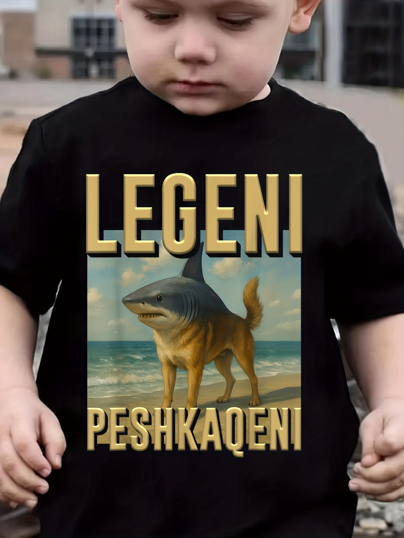 Men's Graphic T-Shirt Surreal Beach Scene With Shark Head And Dog Body
