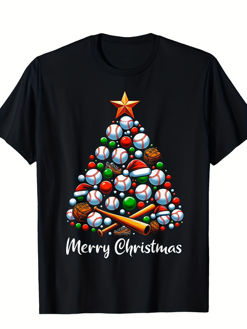 Men's Graphic T-Shirt Merry Christmas Festive Baseball Ornaments Shaped Like Holiday Tree