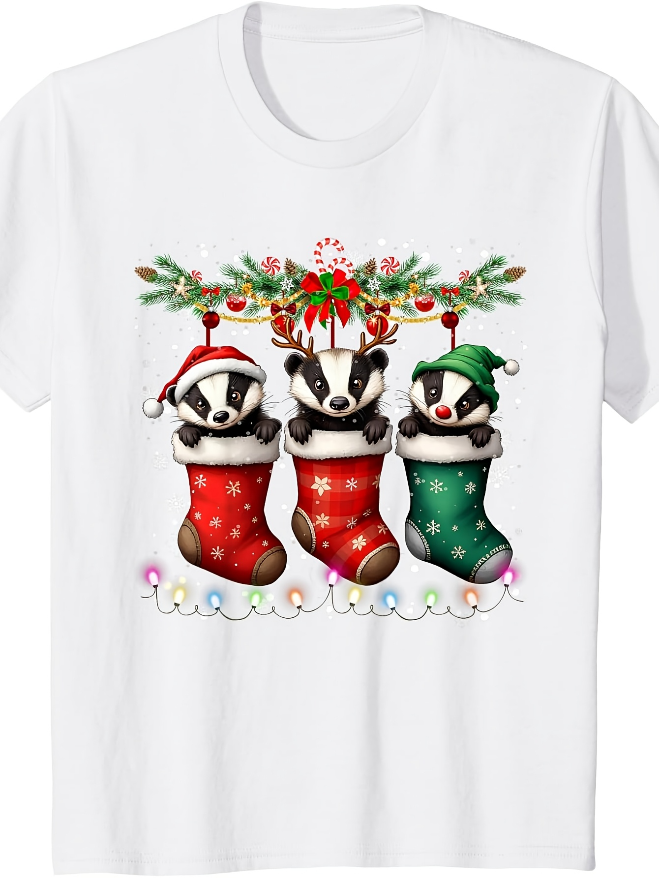 Men's Graphic T-Shirt Holiday Badgers With Christmas Stockings Festive Lights And Winter Pine Branches Badger