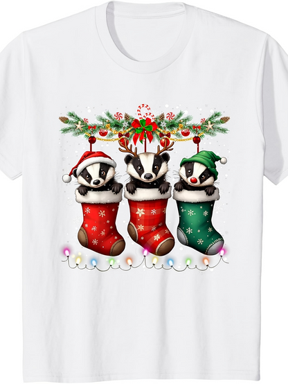 Men's Graphic T-Shirt Holiday Badgers With Christmas Stockings Festive Lights And Winter Pine Branches Badger