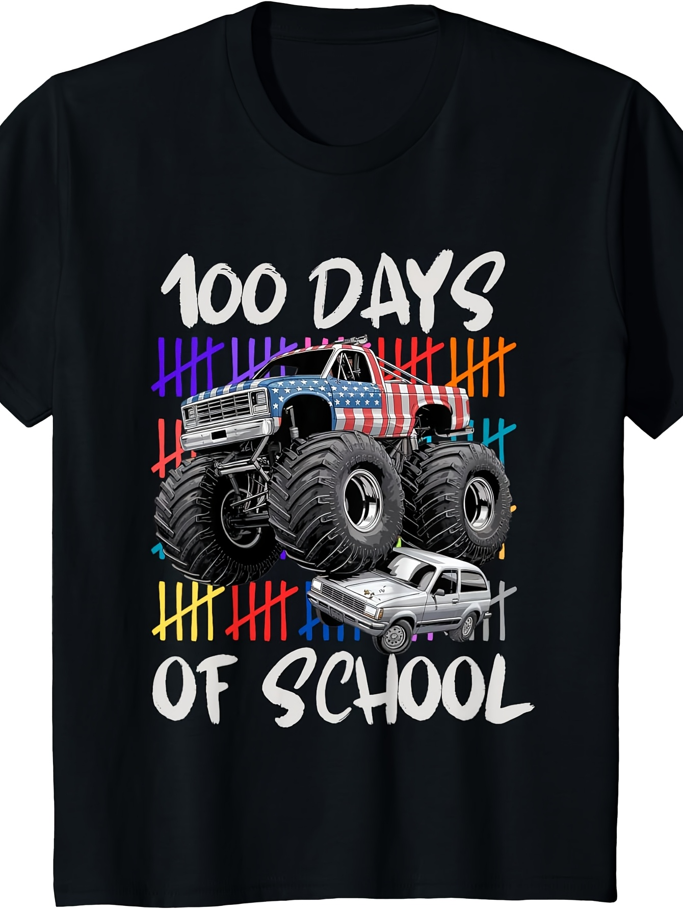 Men's Graphic T-Shirt 100 Days Of School Colorful Tally Marks With Monster Truck