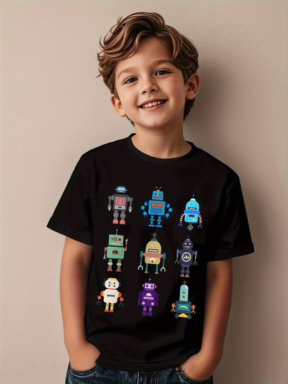 Men's Graphic T-Shirt Colorful Retro Cartoon Robots On Soft Cotton Black T Shirt