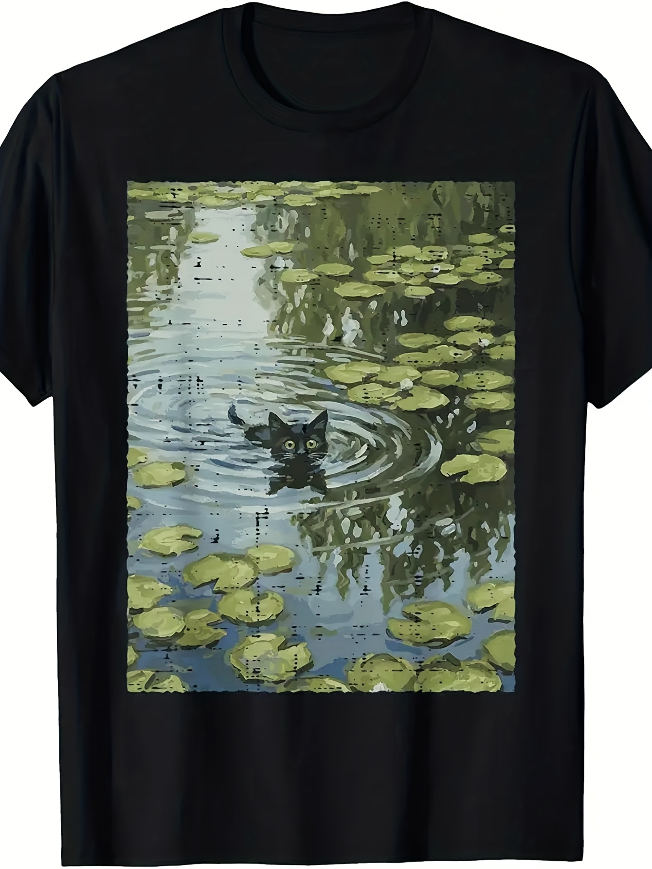 Men's Graphic T-Shirt Rippling Water With Lilypads Reflected Sky And Playful Swimming Cat