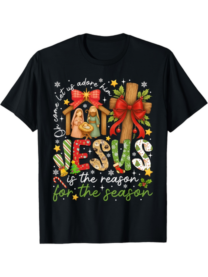Men's Graphic T-Shirt Jesus Is The Reason For The Season Colorful Christmas Art With Nativity Scene Jesus