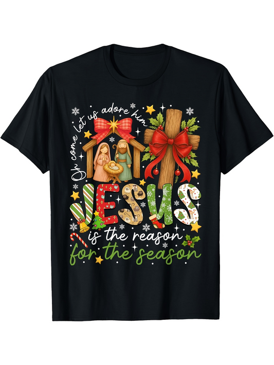 Men's Graphic T-Shirt Jesus Is The Reason For The Season Colorful Christmas Art With Nativity Scene Jesus