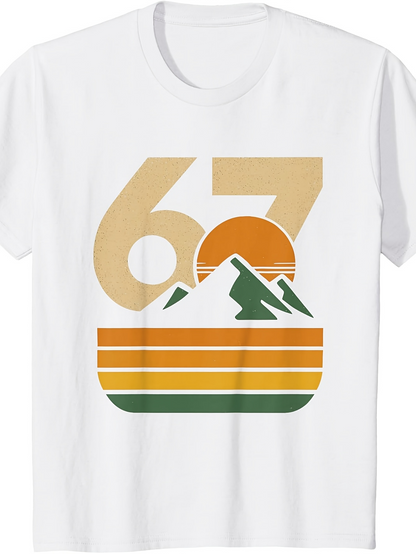 Men's Graphic T-Shirt Bold Retro Numbers With Geometric Sun Mountains And Striped Horizon