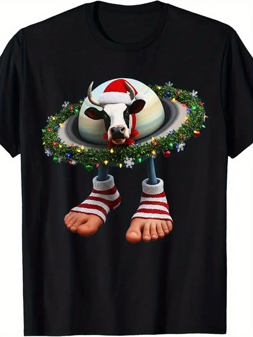 Men's Graphic T-Shirt Festive Holiday Cow With Christmas Wreath Striped Socks And Funny Feet