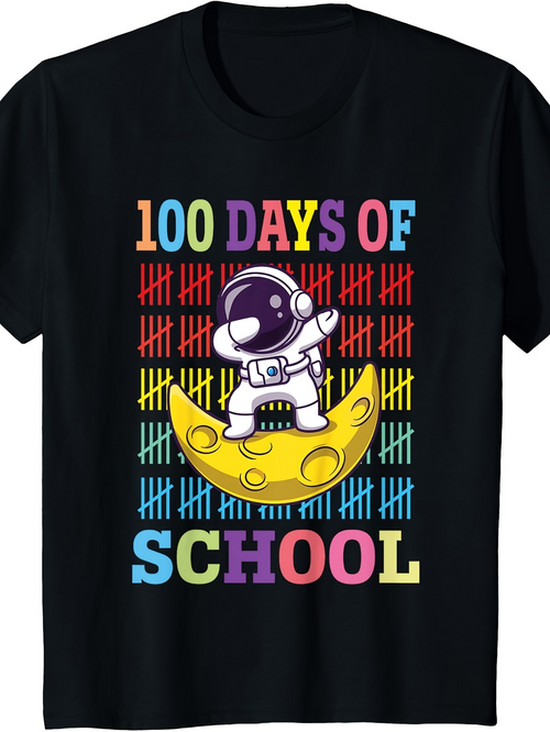 Men's Graphic T-Shirt 100 Days Of School Astronaut Dabbing On Yellow Crescent Moon