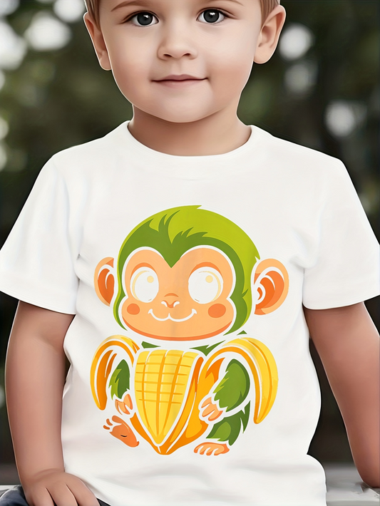 Men's Graphic T-Shirt Playful Illustration Of Green Yellow Cartoon Monkey With Corn