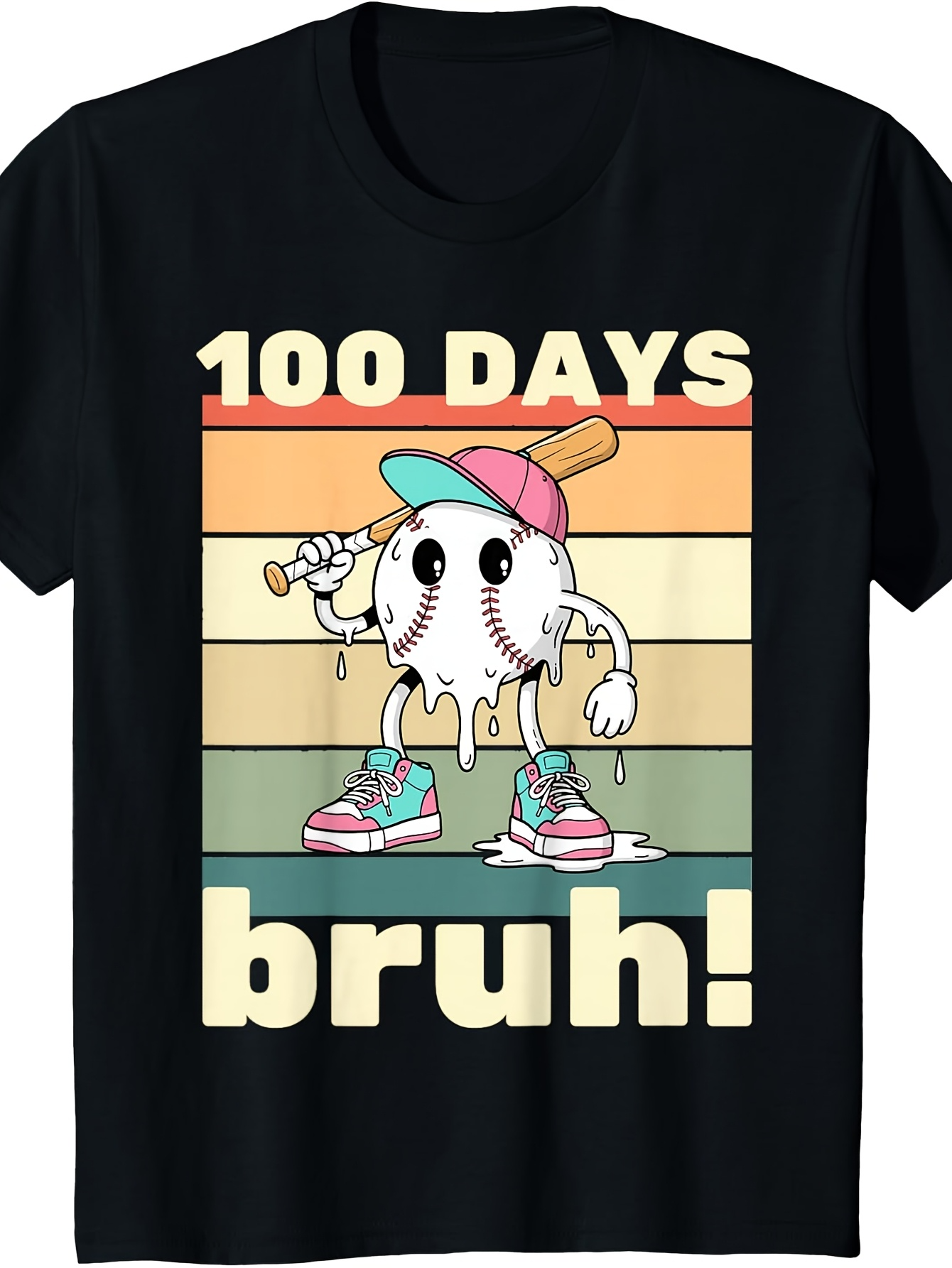 Men's Graphic T-Shirt 100 Days Bruh Melting Baseball Cartoon Under Colorful Striped Background