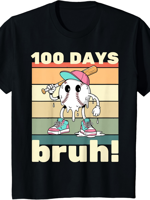 Men's Graphic T-Shirt 100 Days Bruh Melting Baseball Cartoon Under Colorful Striped Background