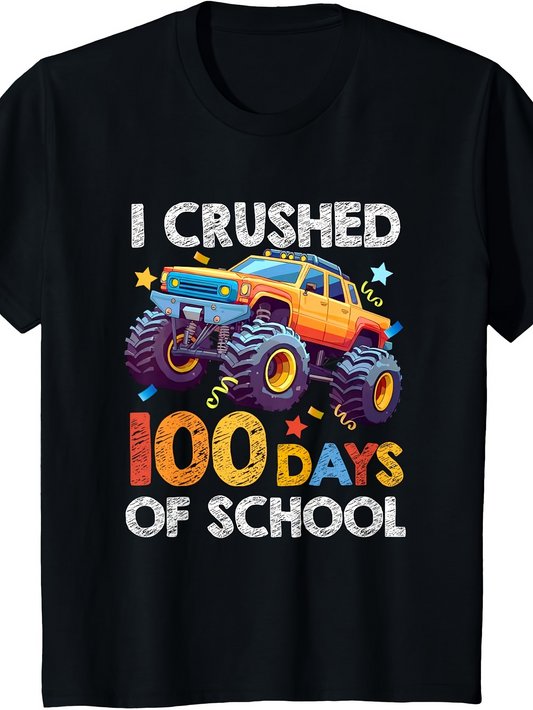Men's Graphic T-Shirt I Crushed 100 Days Of School Vibrant Monster Truck Among Colorful Confetti And Stars