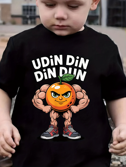 Men's Graphic T-Shirt Udin Din Din Dun Muscular Cartoon Orange Wearing Sneakers