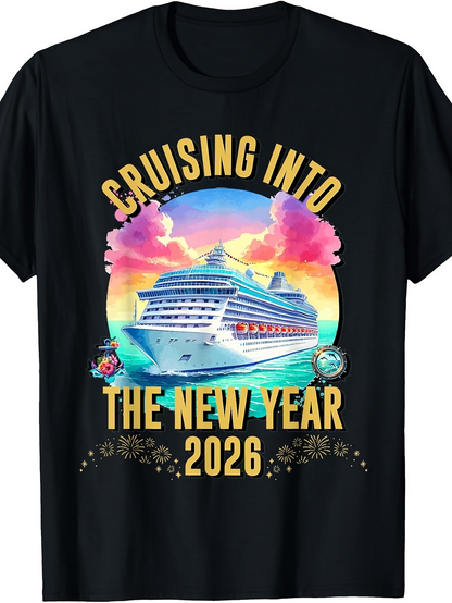 Men's Graphic T-Shirt Cruising Into The New Year With Vibrant Sunset Sky And Sparkling Cruise Ship