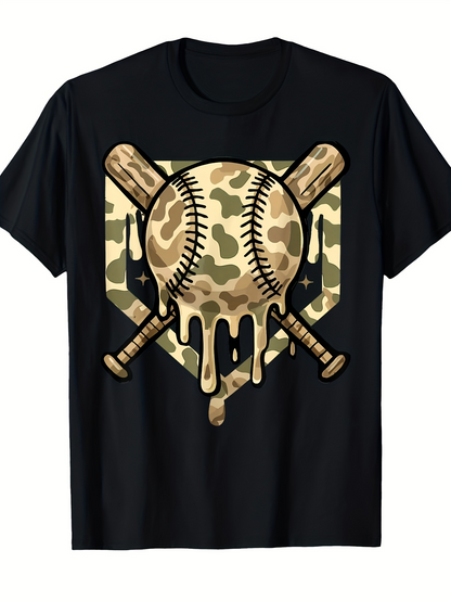 Men's Graphic T-Shirt Camouflage Dripping Baseball With Crossed Wooden Bats Home Plate