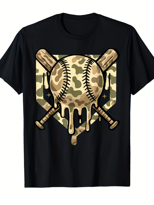 Men's Graphic T-Shirt Camouflage Dripping Baseball With Crossed Wooden Bats Home Plate