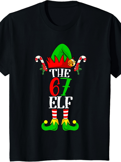 Men's Graphic T-Shirt Holiday Candy Cane Stripes With Green Red Festive Hat Elf