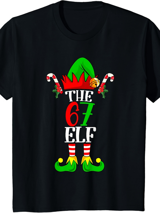 Men's Graphic T-Shirt Holiday Candy Cane Stripes With Green Red Festive Hat Elf