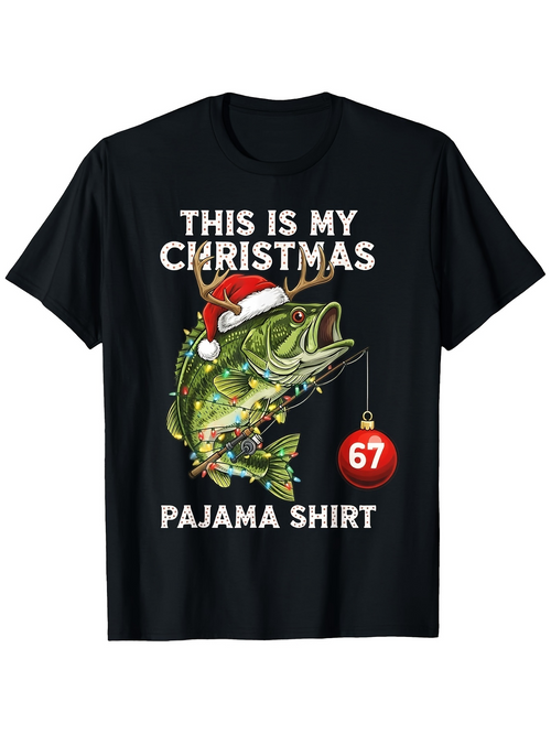 Men's Graphic T-Shirt This Is My Christmas Pajama Shirt Festive Holiday Design With Santa Hat Wearing Fish