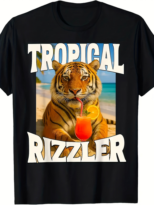 Men's Graphic T-Shirt Tropical Rizzler Lively Beach Scene With Tiger Holding Cocktail Drink
