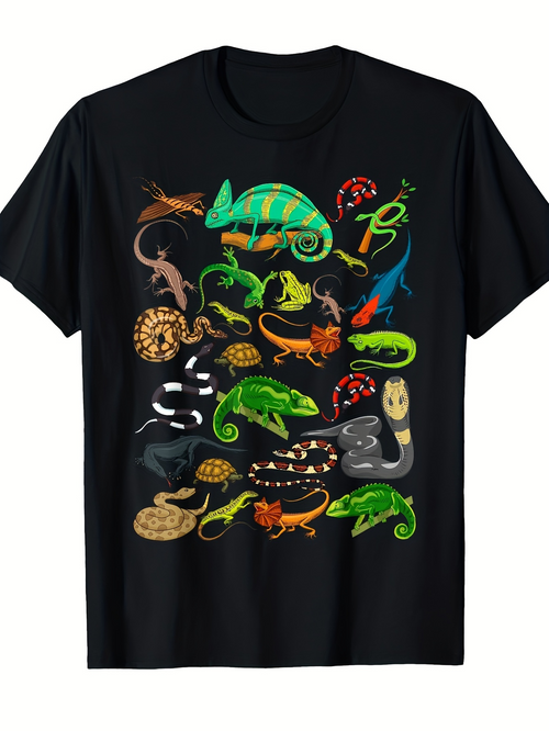 Men's Graphic T-Shirt Colorful Jungle Creatures With Lizards Chameleons Snakes Frogs Among Leaves