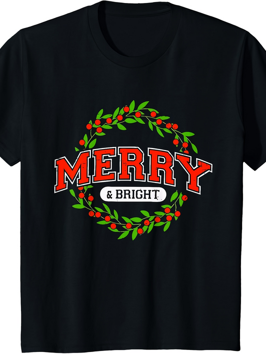 Men's Graphic T-Shirt Merry And Bright Festive Holiday Wreath Surrounded By Green Leaves