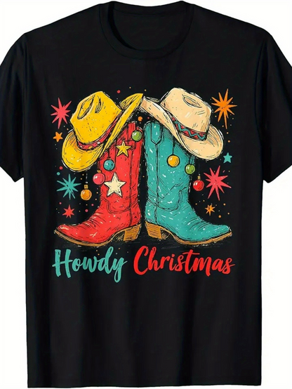 Men's Graphic T-Shirt Howdy Christmas Festive Western Boots With Colorful Stars And Cowboy Hats