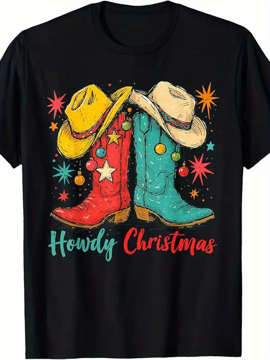 Men's Graphic T-Shirt Howdy Christmas Festive Western Boots With Colorful Stars And Cowboy Hats