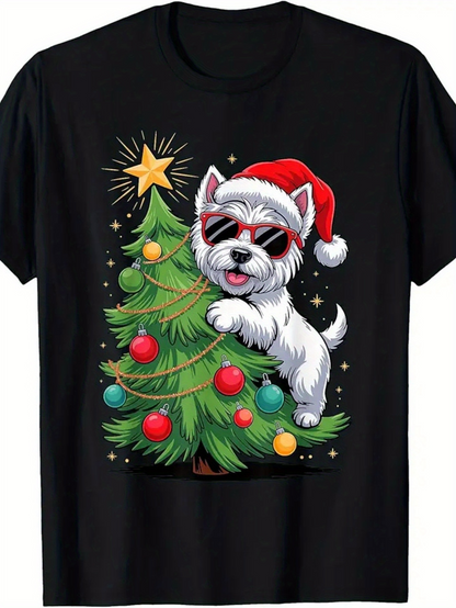 Men's Graphic T-Shirt Festive Dog In Santa Hat Among Decorated Sparkling Christmas Pine Tree