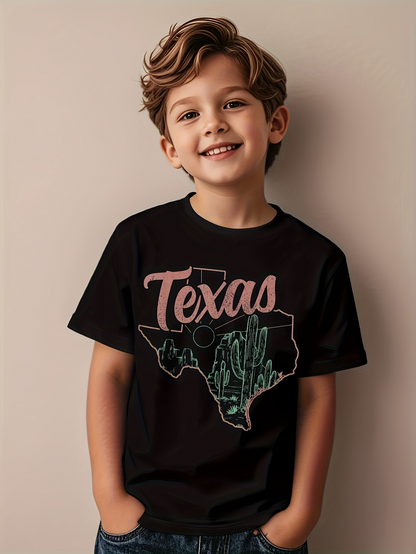 Men's Graphic T-Shirt Texas Pink Lettering And Green Cactus Under State Outline Texas
