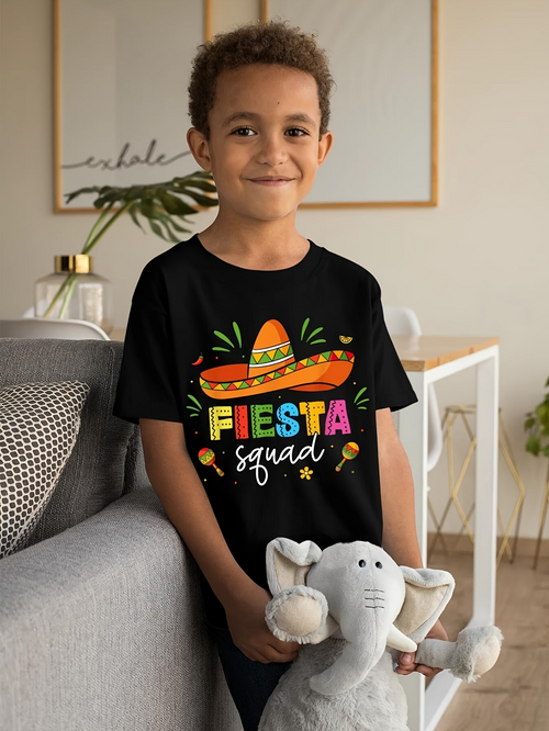 Men's Graphic T-Shirt Fiesta Squad With Colorful Sombrero Chili Peppers Confetti Festive Party Hat
