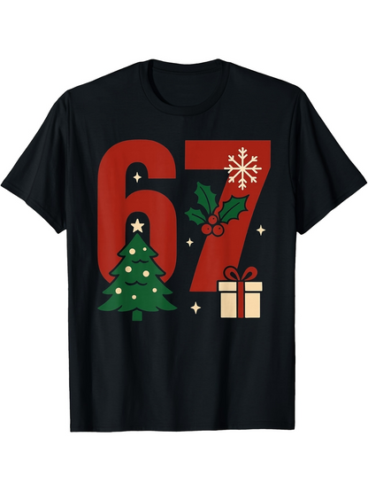 Men's Graphic T-Shirt Christmas Holly And Gift With Snowy Pine Tree Number