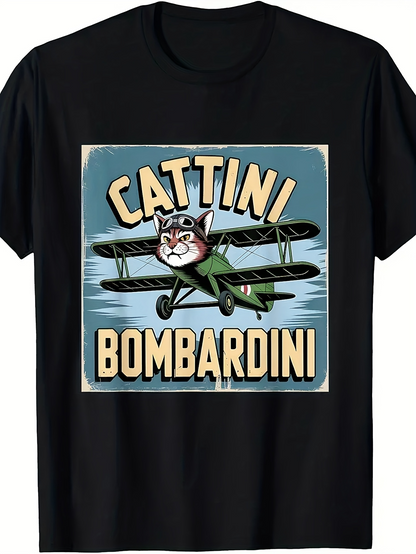 Men's Graphic T-Shirt Cattini Bombardini Vintage Cartoon Airplane With Flying Cat Pilot