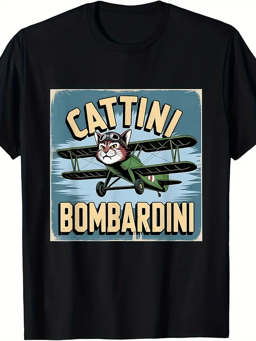 Men's Graphic T-Shirt Cattini Bombardini Vintage Cartoon Airplane With Flying Cat Pilot
