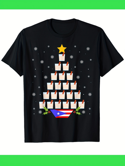 Men's Graphic T-Shirt Christmas Snowflakes With Puerto Rican Flag Cups Arranged In Tree Pattern