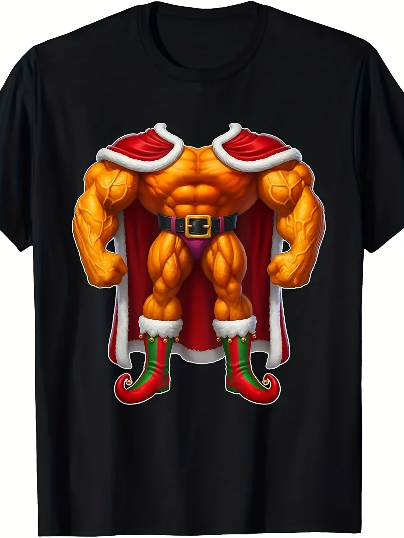 Men's Graphic T-Shirt Christmas Cape With Muscular Cartoon Elf Body Graphic
