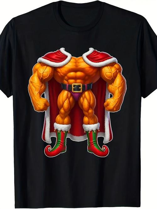 Men's Graphic T-Shirt Christmas Cape With Muscular Cartoon Elf Body Graphic