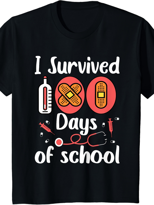 Men's Graphic T-Shirt I Survived 100 Days Of School With Medical Tools And Colorful Bandages