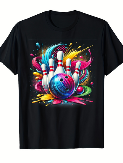 Men's Graphic T-Shirt Vivid Swirling Colors With Dynamic Splashes Around A Bowling Ball