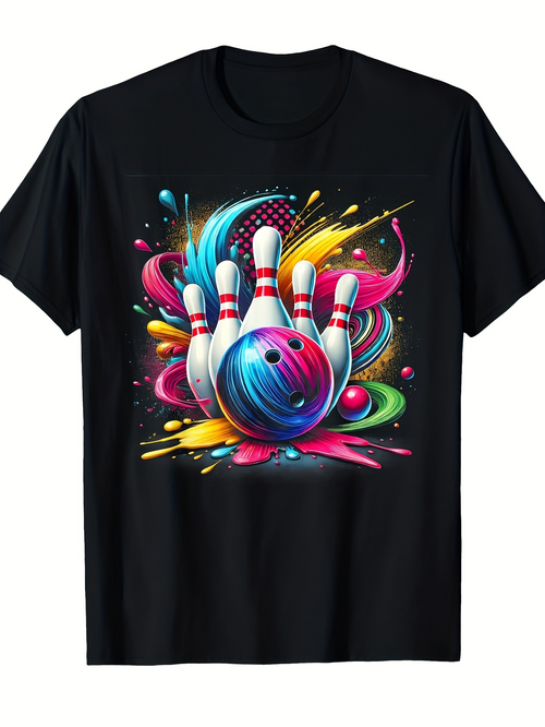 Men's Graphic T-Shirt Vivid Swirling Colors With Dynamic Splashes Around A Bowling Ball