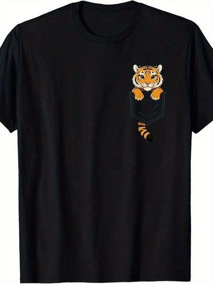 Men's Graphic T-Shirt Playful Cartoon Tiger Leaning Over Faux Pocket T Shirt