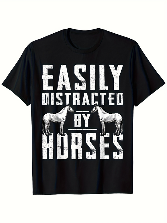 Men's Graphic T-Shirt Easily Distracted By Horses Rustic Block Letters With Two Horses Underneath Text