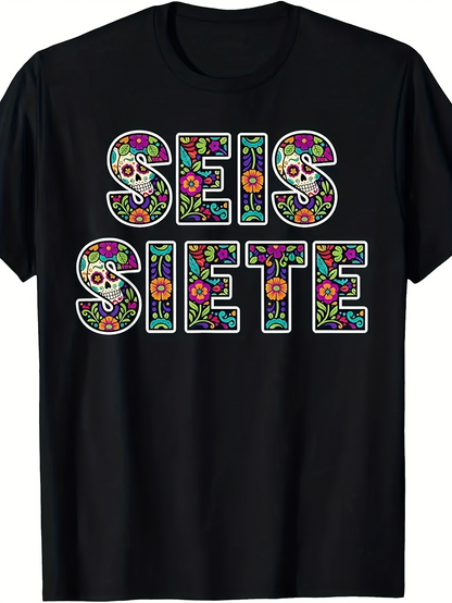 Men's Graphic T-Shirt Floral Folk Embroidery Inspired Pattern With Decorative Lettering Siete