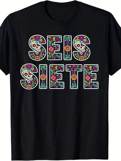 Men's Graphic T-Shirt Floral Folk Embroidery Inspired Pattern With Decorative Lettering Siete