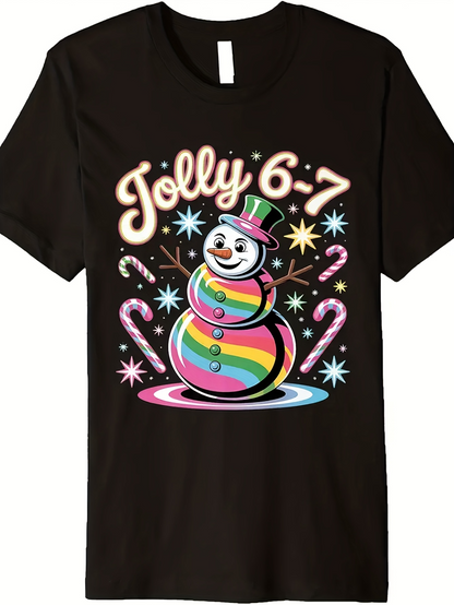 Men's Graphic T-Shirt Jolly 6 7 Colorful Striped Snowman With Candy Canes Sparkling Stars Rainbow Hat