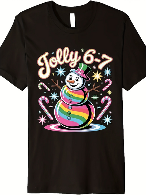 Men's Graphic T-Shirt Jolly 6 7 Colorful Striped Snowman With Candy Canes Sparkling Stars Rainbow Hat